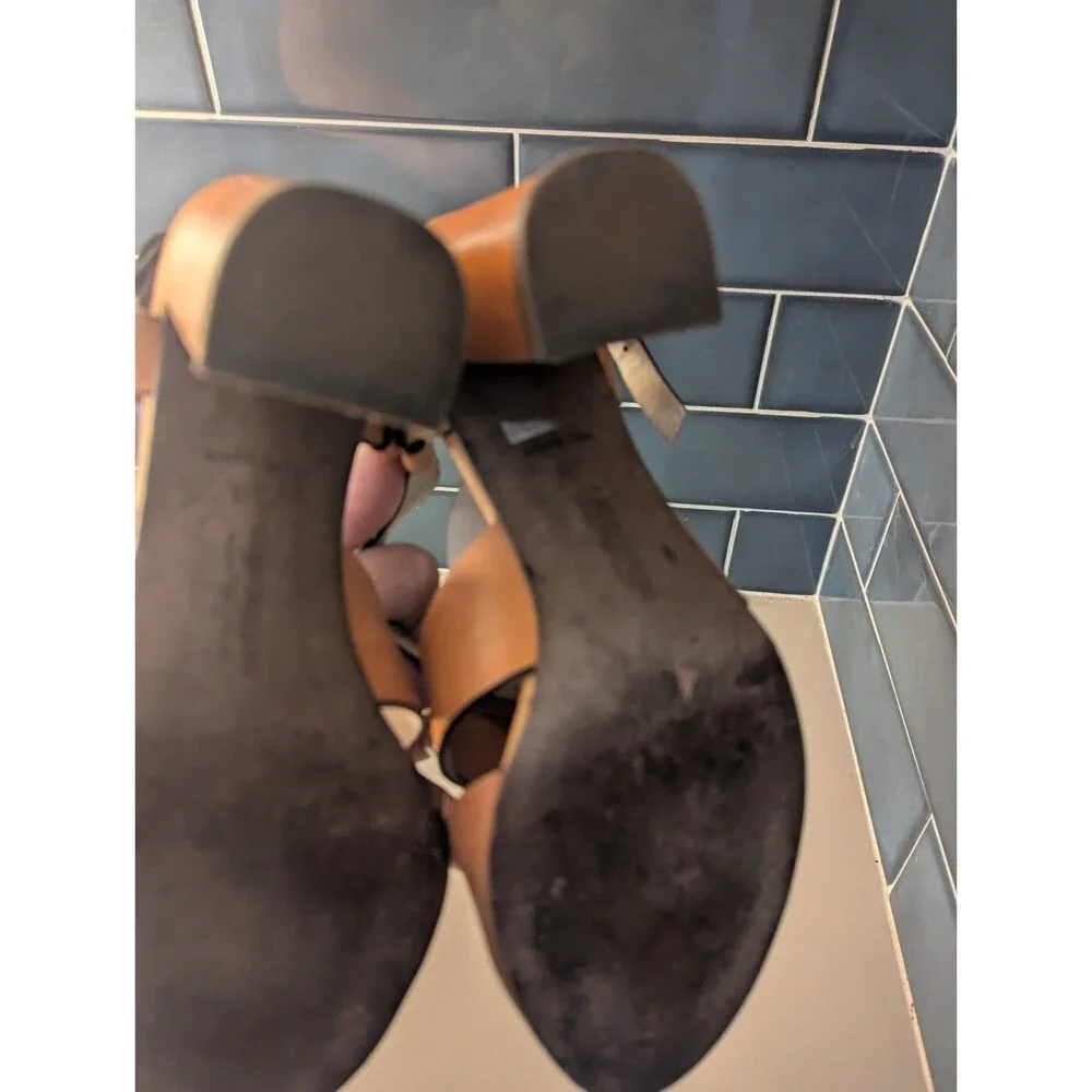 Carlo Pazolini 8 Tan‎ Leather Strappy Wedge Heels Platform Sandals Woodgrain